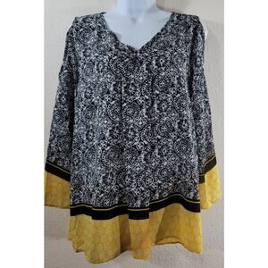 Cato Black White Yellow Floral Print Cold Shoulder Top Large Lightweight Flowy